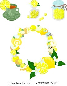The icon set of cute and refreshing lemon sweets such as lemon tea and candy and pickled honey and wreath