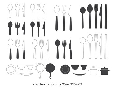 Icon set of cutlery, plates, frying pans, and pots