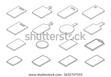 Icon set of cutting board. 3D isometric illustration, line style. Kitchen utensil or kitchenware. Isolated vector for banner, poster, presentation, infographic, website, apps, and other uses.
