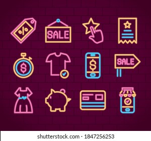 conjunto de iconos ciberlunes sobre fondo morado, estilo neón, ilustración vectorial