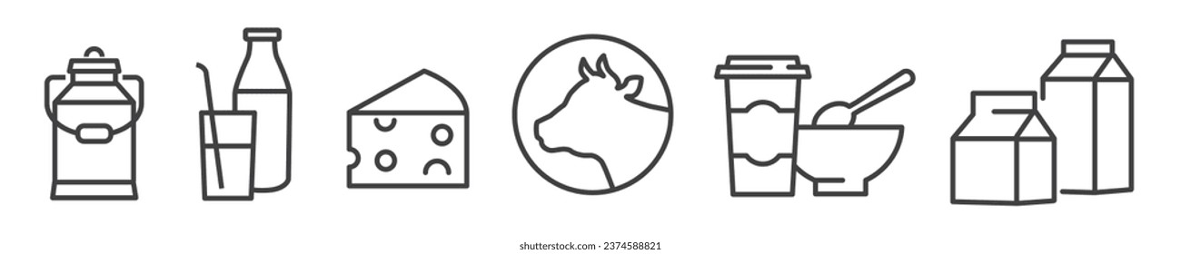 Icon Set of dairy produce and milk- Vector Illustration -  Milk bottle, packaging, cheese, yoghurt milk can and milker - Editable Thin Line Icons Collection on white Background for Web and Print