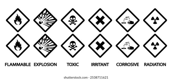 Icon set of danger signs, Hazardous materials signs vector icon. Global Harmonized System warning sign. Hazmat isolated placard, warning label vector illustration in transparent background. 