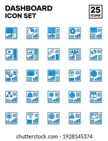 Icon set dashboard layout with blue line style. Including statistics, data, media, and configuration dashboards. Editable stroke vector