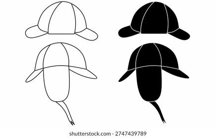 icon set of deerstalker cap is also known as a fore-and-aft cap or tweed helmet. vector illustration in outline and silhouette style isolated on white background