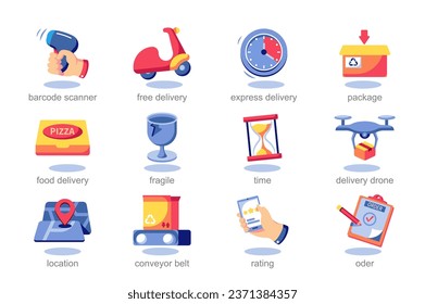 Entrega de un conjunto de iconos en forma de caricatura plana. Imagen que muestra todos: desde personal de entrega sonriente a paquetes lindos, estos iconos agregan un ambiente accesible al contenido relacionado con la entrega. Ilustración vectorial.