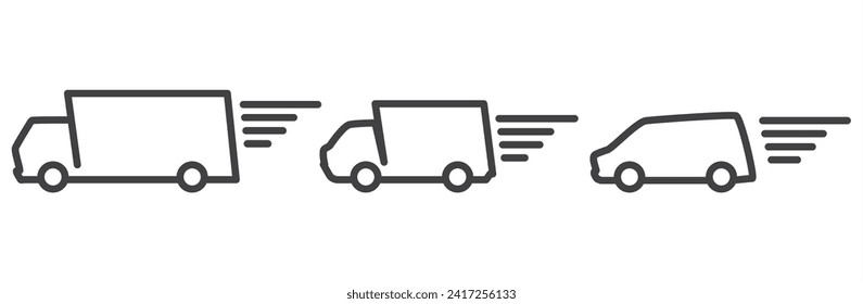 Icon set of Delivery service in line style. Logistic trucking, Express delivery trucks, Fast shipping truck, Delivery icon vector illustration in simple black style symbol sign for apps and website.