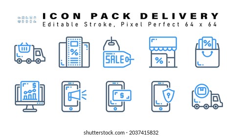 Icon Set of Delivery Two Color Icons. Contains such Icons as Shopping Bag Promo, Financial Website, Gadget Promos, Digital Cash etc. Editable Stroke. 64 x 64 Pixel Perfect