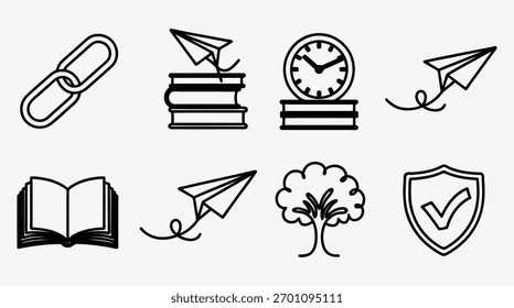 Conjunto de iconos que representa la naturaleza del tiempo de conexión de la educación y la seguridad para varios propósitos