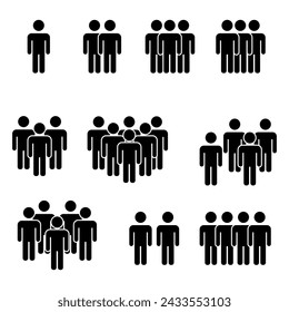 Icon set depicting individuals and groups in increasing sizes. People icons growing number. Social group silhouettes. Team size hierarchy. Vector illustration. EPS 10.