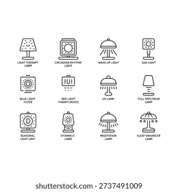 Icon set depicting various light therapy lamps and devices for improved sleep and wellness