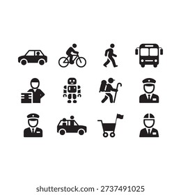 Icon set depicting various people vehicles and professions in a minimalist black silhouette style