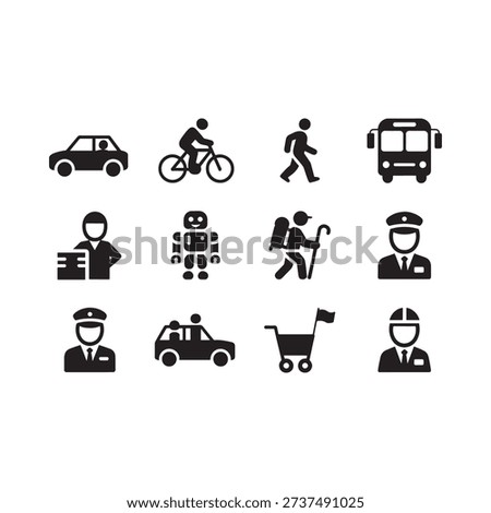 Icon set depicting various people vehicles and professions in a minimalist black silhouette style