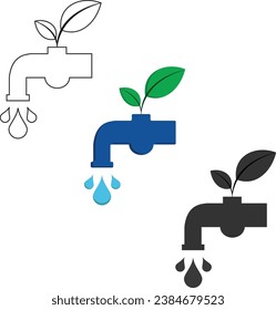 Icon set depicting water conservation elements – faucet, pipe, lock, and leaf. Symbolizing eco-conscious practices and environmental care. Ideal for green living designs and eco-friendly campaigns.