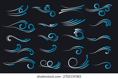 Icon set depicting waves and water movement. Swirls, curves, and liquid flows. Blue water flow lines, vector elements