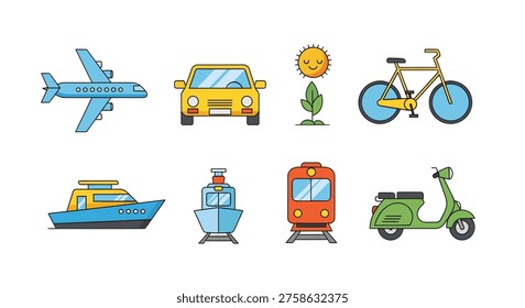 The icon set depicts a collection of transportation icons, including an airplane, car, bicycle, boat, submarine, train, and scooter, all presented in a colorful and stylized manner under a smiling sun.
