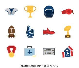 Icon set design, American football super bowl sport hobby competition game training equipment tournement and play theme Vector illustration