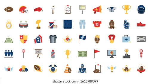 Icon set design, American football super bowl sport hobby competition game training equipment tournement and play theme Vector illustration