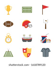 Icon set design, American football super bowl sport hobby competition game training equipment tournement and play theme Vector illustration