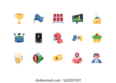 Icon set design, American football super bowl sport hobby competition game training equipment tournement and play theme Vector illustration