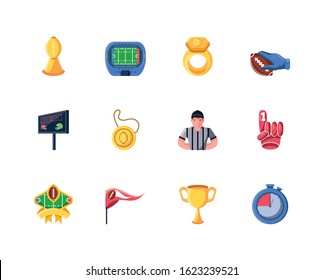 Icon set design, American football super bowl sport hobby competition game training equipment tournement and play theme Vector illustration