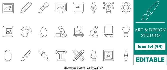 Icon set for design and art studios. Modern collection of graphic design, creativity, illustration, photography, and web development tools.