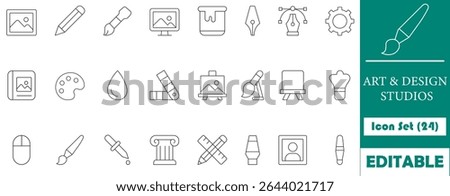 Icon set for design and art studios. Modern collection of graphic design, creativity, illustration, photography, and web development tools.