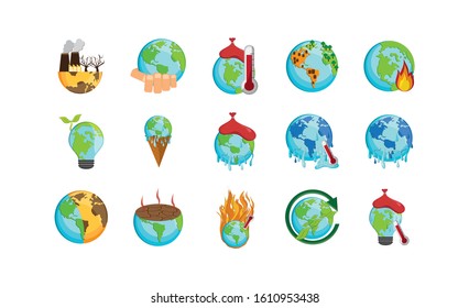 Icon set design, Climate change global warning environment nature pollution green and extreme danger theme Vector illustration