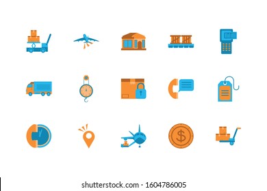 Icon set design, Delivery logistics transportation shipping service warehouse industry and global theme Vector illustration