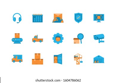 Icon set design, Delivery logistics transportation shipping service warehouse industry and global theme Vector illustration