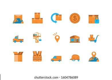 Icon set design, Delivery logistics transportation shipping service warehouse industry and global theme Vector illustration