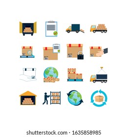 Icon set design, Delivery logistics transportation shipping service warehouse industry and global theme Vector illustration