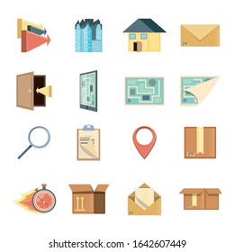Icon set design, Delivery logistics transportation shipping service warehouse industry and global theme Vector illustration