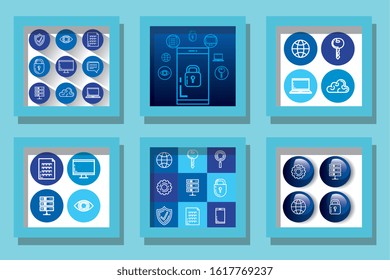 Diseño de conjunto de iconos, comunicación de tecnología digital, redes sociales, Internet y el tema del dispositivo. Ilustración del vector