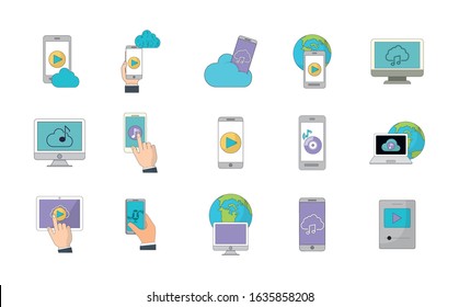 Icon set design, Digital technology music communication social media internet web and device theme Vector illustration