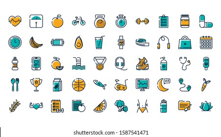 Icon set design, Healthy lifestyle fitness bodybuilding bodycare activity exercise and diet theme Vector illustration