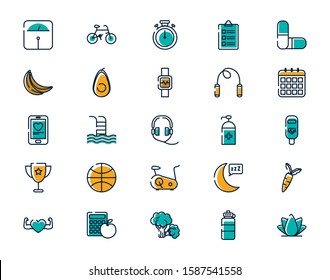Icon set design, Healthy lifestyle fitness bodybuilding bodycare activity exercise and diet theme Vector illustration