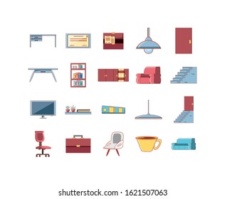 Icon set design, Home office room decoration interior living building apartment and residential theme Vector illustration