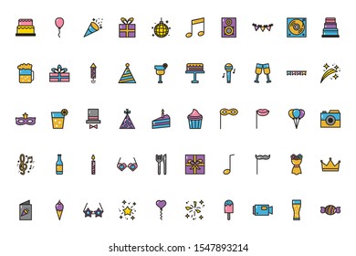 Icon set design, Party festival celebration holiday birthday decoration enjoyment and entertainment theme Vector illustration
