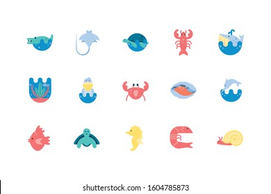 icon set design Sea life ecosystem fauna ocean underwater water nature marine tropical theme Vector illustration