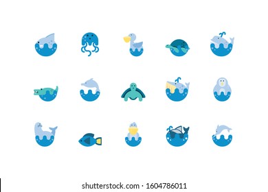 icon set design Sea life ecosystem fauna ocean underwater water nature marine tropical theme Vector illustration