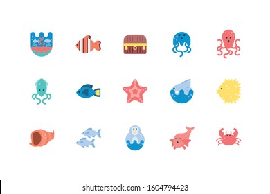 icon set design Sea life ecosystem fauna ocean underwater water nature marine tropical theme Vector illustration