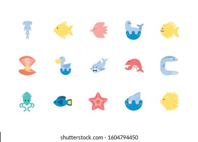 icon set design Sea life ecosystem fauna ocean underwater water nature marine tropical theme Vector illustration