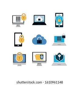 Icon set design of Security system warning protection danger web alert and safe theme Vector illustration