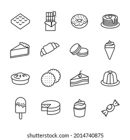 Icon set of dessert treats. Bakery food pictogram for web. Line stroke. Sweet cakes isolated on white background. Outline vector eps10