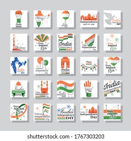 icon set detailed style icon design, happy india independence day and august 15th theme Vector illustration