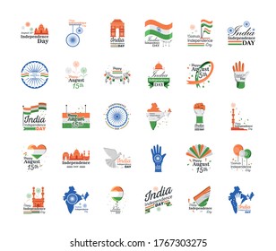 icon set detailed style icon design, happy india independence day and august 15th theme Vector illustration