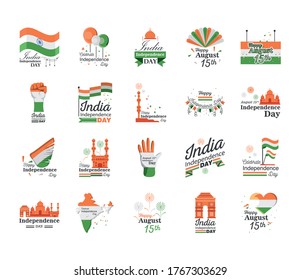 icon set detailed style icon design, happy india independence day and august 15th theme Vector illustration