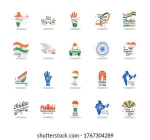 icon set detailed style icon design, happy india independence day and august 15th theme Vector illustration