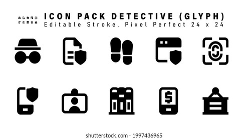 Icon Set of Detective Glyph Icons. Contains such Icons as Fingerprint, Mobile Security, Id Card, Legal Studies etc. Editable Stroke. 24 x 24 Pixel Perfect