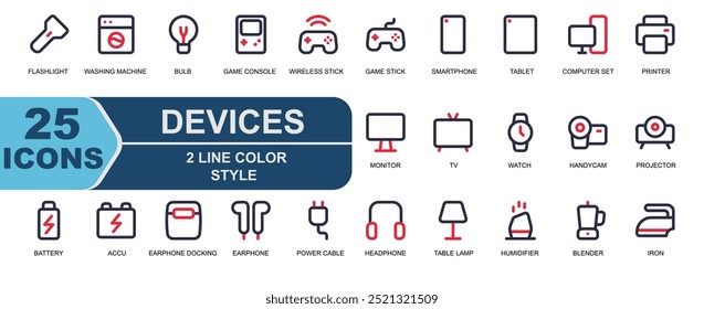 Icono conjunto dispositivo .style 2 línea color.related icono computadora, impresora, monitor, pantalla, TV, reloj, reloj analógico, handycam, proyector, batería, energía, batería.